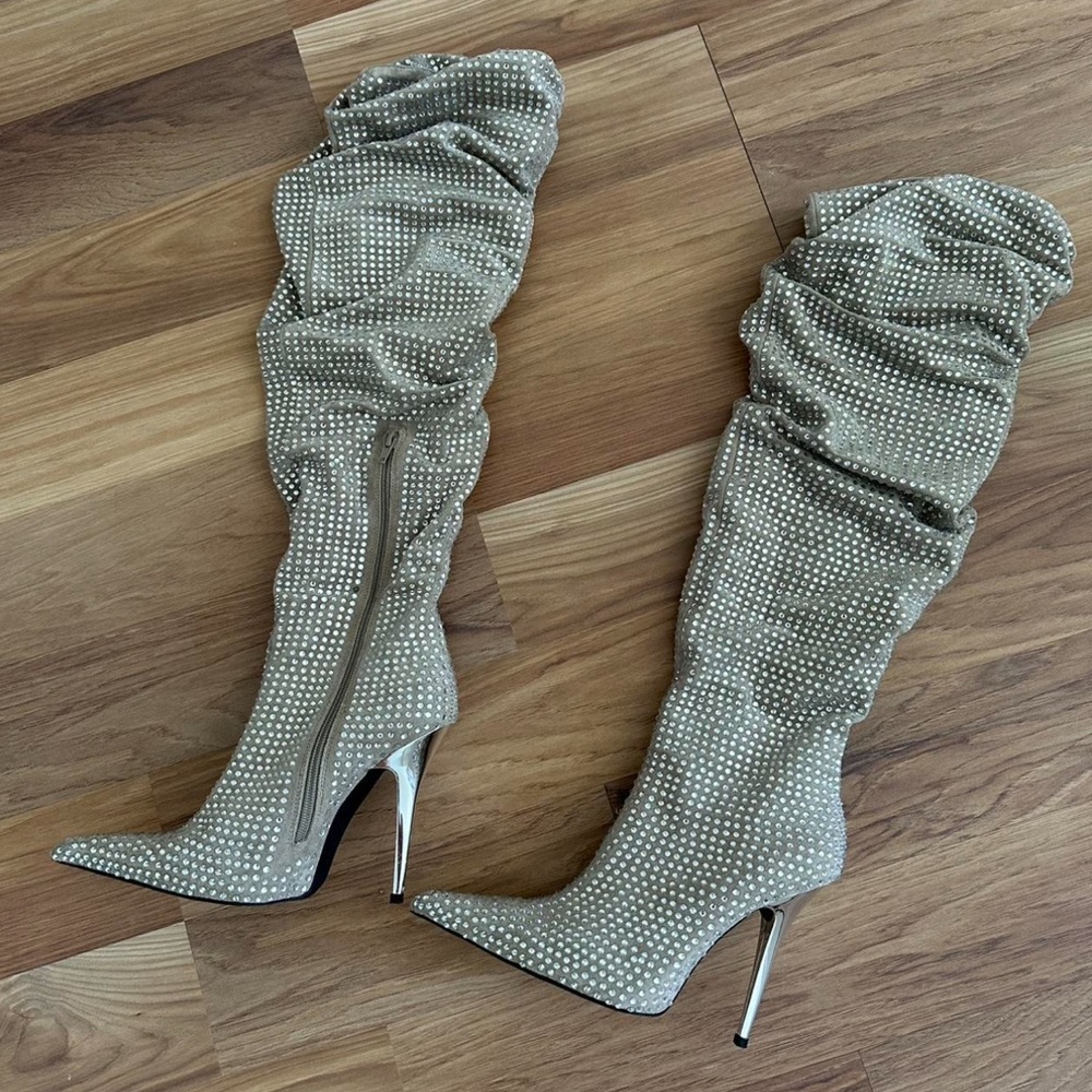 Jeffrey Campbell Silver Rhinestone Knee-High Boots